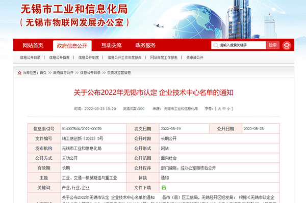 2022年无锡市认定 企业技术中心名单的通知