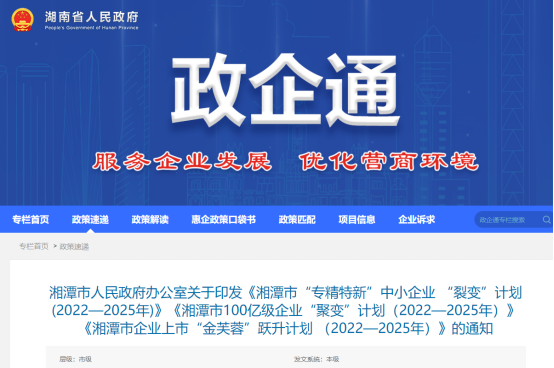 湘潭市“专精特新”中小企业 “裂变”计划(2022—2025年)