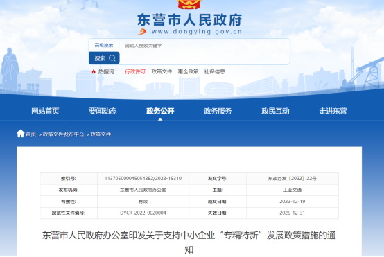 东营市人民政府的“专精特新”发展政策措施